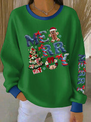 Women's Merry Christmas Print Ribbed Round-Neck Sweatshirt