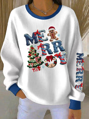 Women's Merry Christmas Print Ribbed Round-Neck Sweatshirt