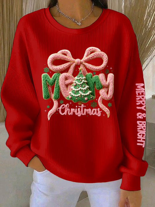 Women's Merry Christmas Print Ribbed Round-Neck Sweatshirt