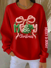 Women's Merry Christmas Print Ribbed Round-Neck Sweatshirt