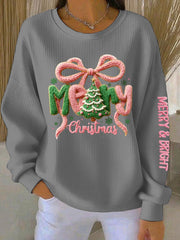 Women's Merry Christmas Print Ribbed Round-Neck Sweatshirt