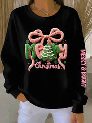 Women's Merry Christmas Print Ribbed Round-Neck Sweatshirt