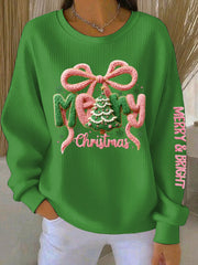 Women's Merry Christmas Print Ribbed Round-Neck Sweatshirt