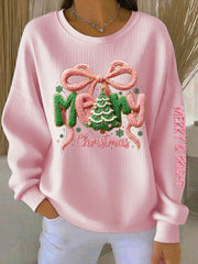 Women's Merry Christmas Print Ribbed Round-Neck Sweatshirt