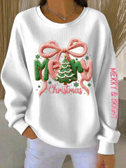 Women's Merry Christmas Print Ribbed Round-Neck Sweatshirt