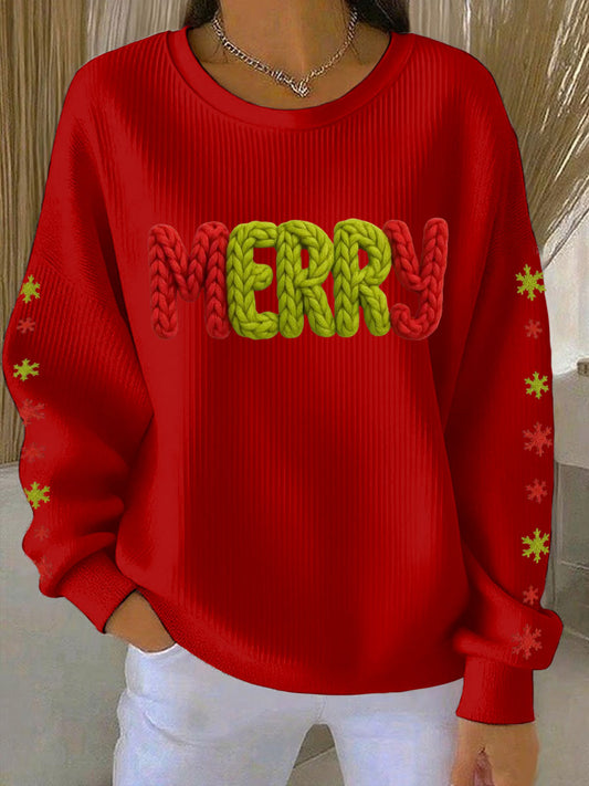 Women's Merry Print Ribbed Round-Neck Sweatshirt