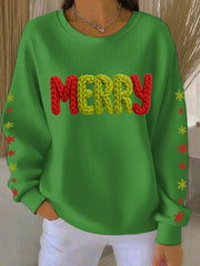Women's Merry Print Ribbed Round-Neck Sweatshirt