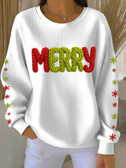 Women's Merry Print Ribbed Round-Neck Sweatshirt