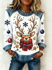 Women's Vintage Christmas Denim Patchwork Sweatshirt