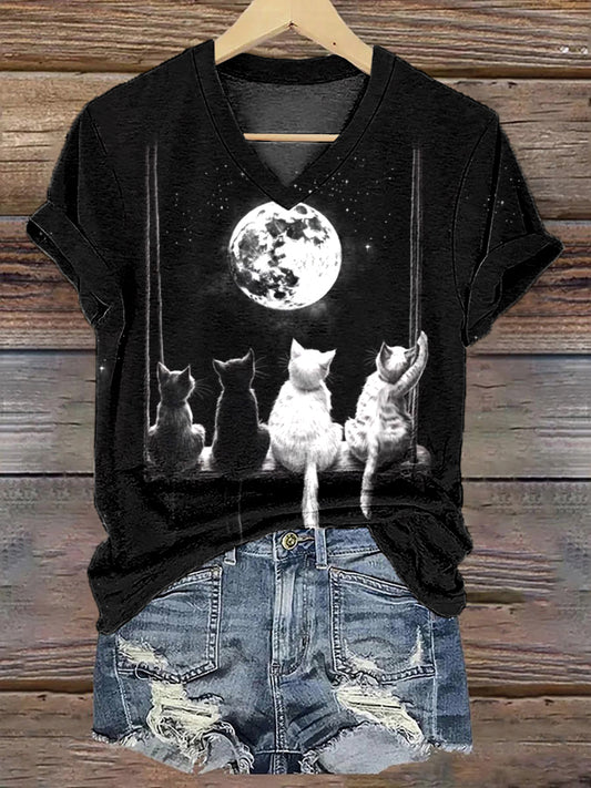 Women's Moon And Cats Printed short-sleeved T-shirt