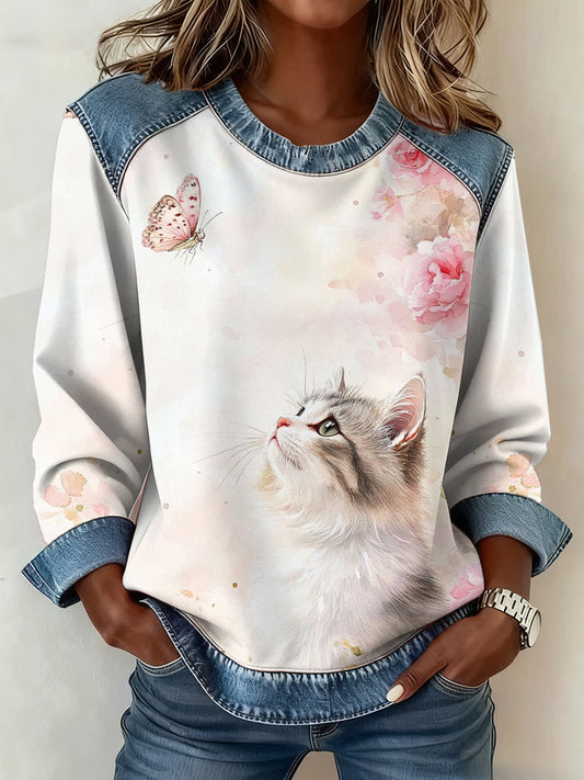 Women's Plants Flowers Cat Pattern Patchwork Art Sweatshirt