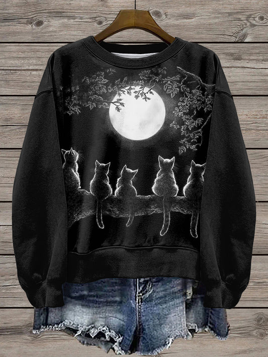Women's Moon And Cats Printed Sweatshirt