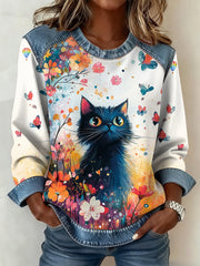 Women's Plants Flowers Cat Pattern Patchwork Art Sweatshirt