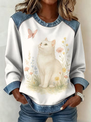 Women's Plants Flowers Cat Pattern Patchwork Art Sweatshirt