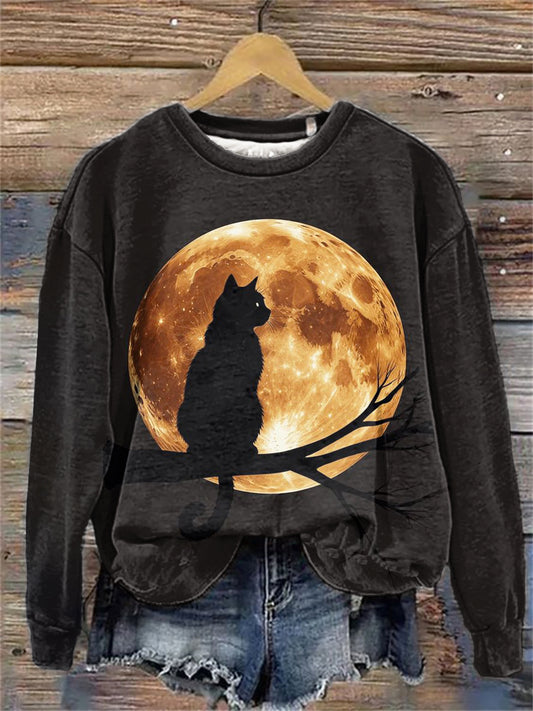 Women's Moon And Cat Printed Sweatshirt