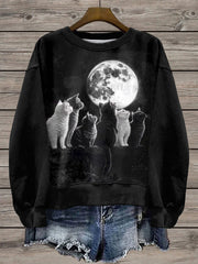 Women's Moon And Cats Printed Sweatshirt
