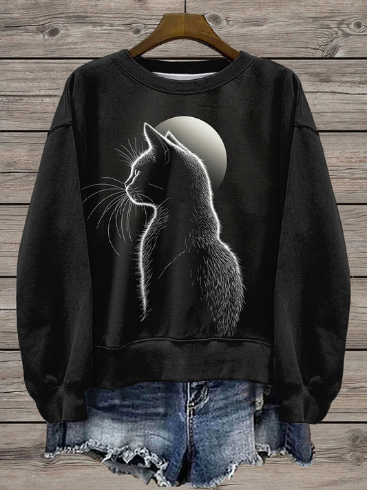 Women's Moon And Cats Printed Sweatshirt