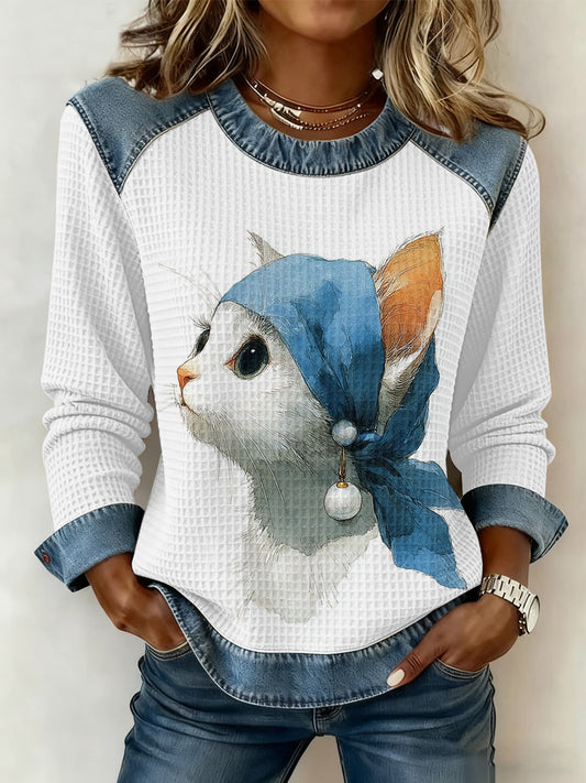 Women's Cute Cat  Printed Denim Patchwork Waffle Top
