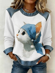 Women's Cute Cat  Printed Denim Patchwork Waffle Top