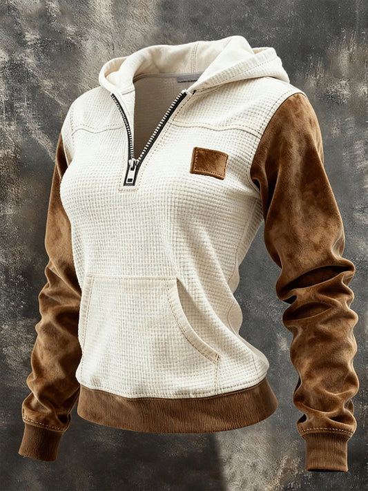 Women's Vintage Color Blocking Zipper Hooded