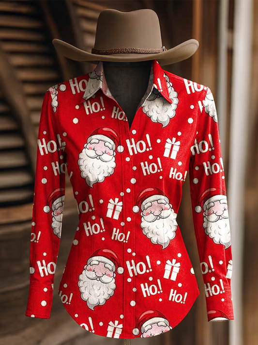 Women's Santa Print Christmas Western Long Sleeve Shirt