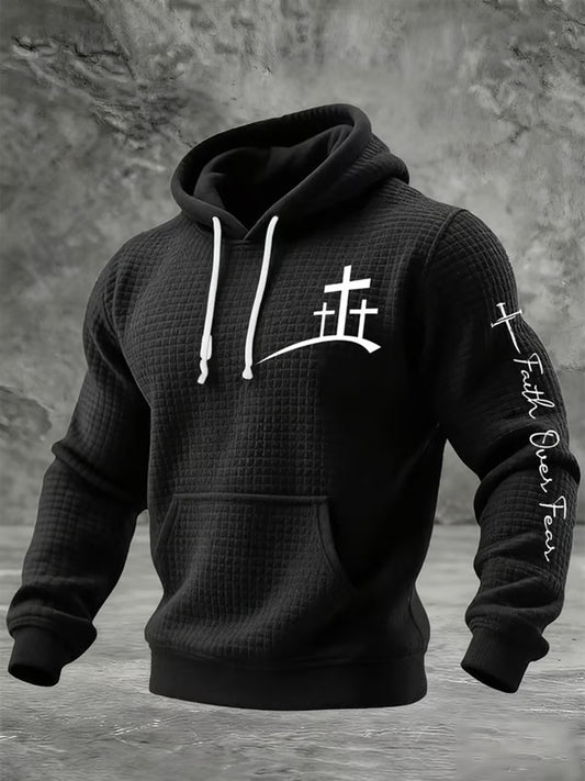 Men's Faith Over Fear Faith Cross  Checkered Cotton Hoodie