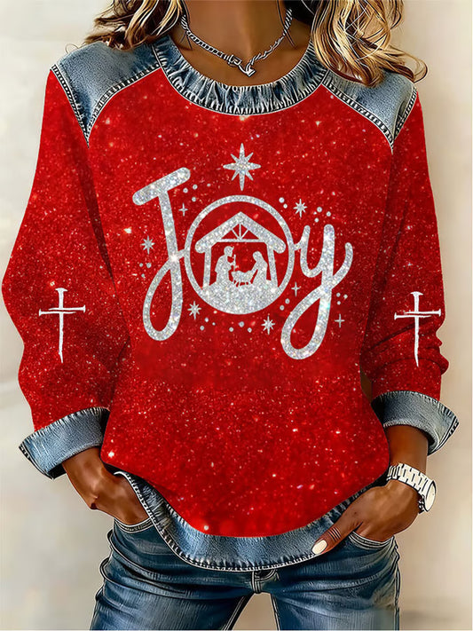 Women's Christmas Belief Pattern Patchwork Art Sweatshirt