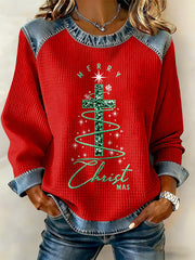 Women's Merry Christmas Cross Denim Patchwork Top