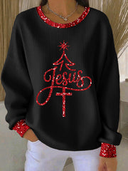 Women's Jesus Christmas Tree Ribbed Round-Neck Sweatshirt