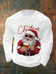 Men's Merry Christmas Santa Claus Print Casual Waffle Long Sleeve Top