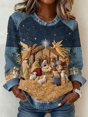 Women's Christian Nativity Scene Denim Patchwork Top