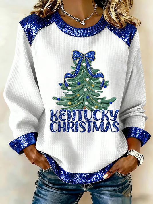 Women's Kentucky Christmas Print Patchwork Top
