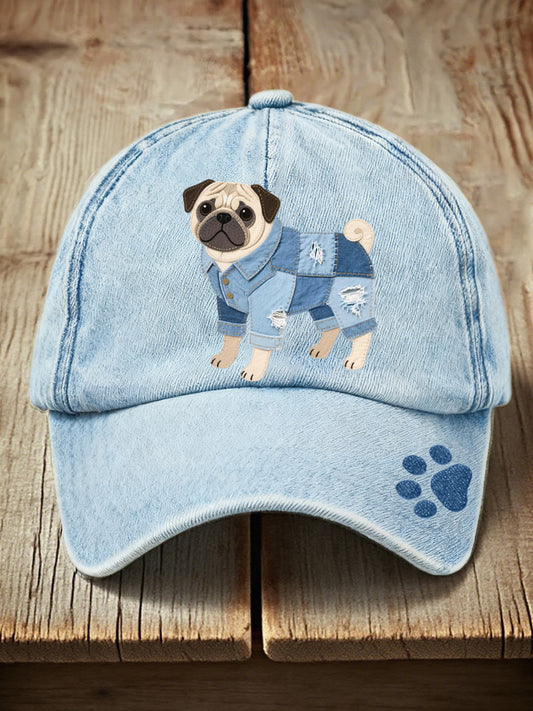 Unisex Denim Patchwork Art Pug Pattern Washed Hat