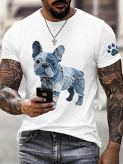 Men's Denim Patchwork Art French Bulldog Pattern T-Shirt