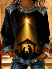 Women's Christian Nativity Scene Greatest Gift of All  Denim Patchwork Top