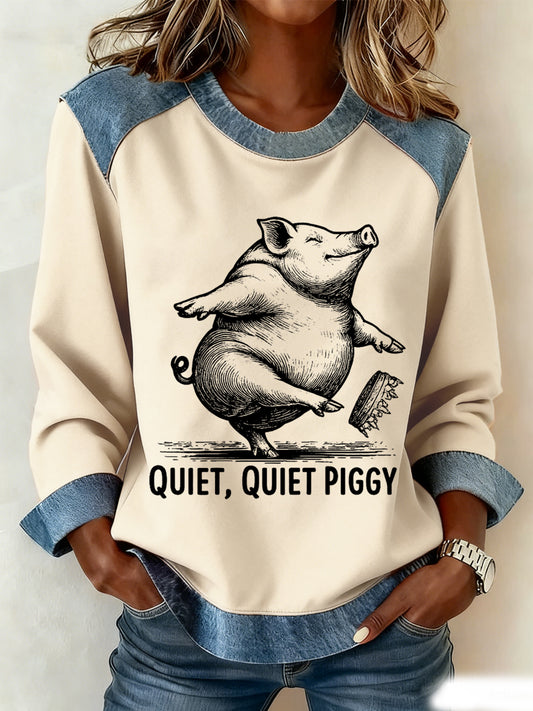 Women's Funny Quiet Piggy This Piggy Won't Be Quiet Resist Denim Patchwork Top