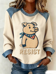 Women's This Piggy Won't Be Quiet Resist Denim Patchwork Top