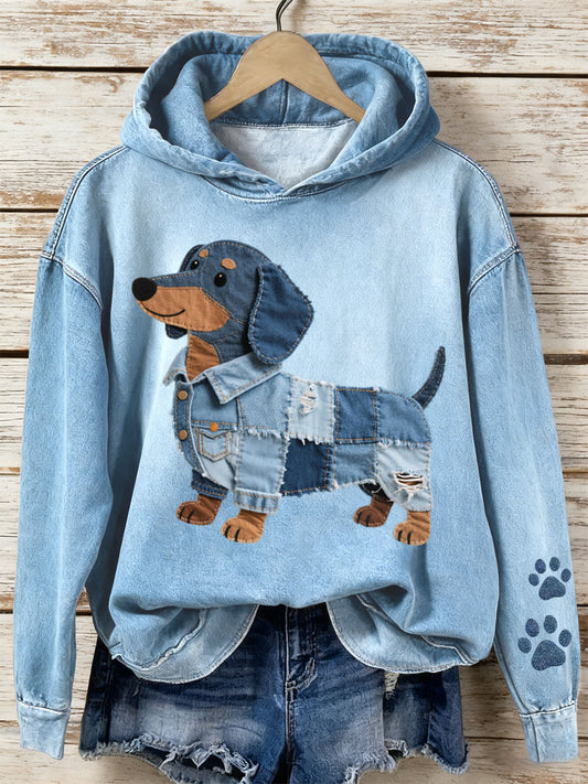 Women's Denim Patchwork Art Dachshund Pattern Hoodie