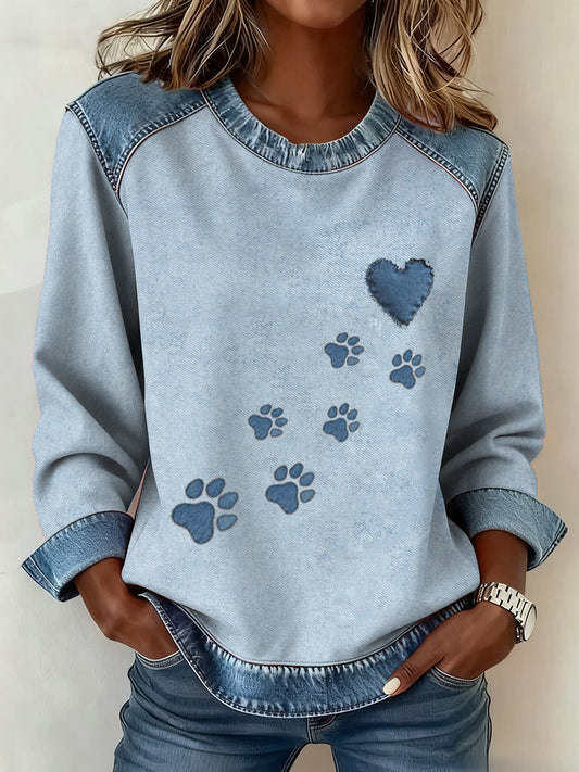 Women's Dog Paw Denim Crewneck Sweatshirt