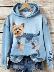 Women's Denim Patchwork Art Yorkshire Terrier Dog Pattern Hoodie