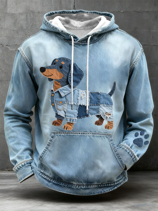 Men's Denim Patchwork Art Dachshund Pattern Hoodie