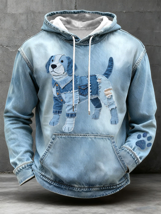 Men's Denim Patchwork Art Beagle Dog Pattern Hoodie