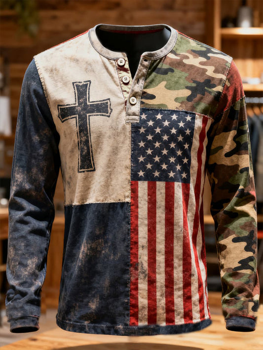 Men's Flag Faith Cross Camouflage Long Sleeve T-Shirt