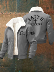 Men's Faith Over Fear Cross Fur Collar Zip-Up Jacket
