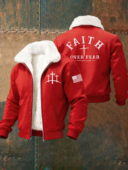 Men's Faith Over Fear Cross Fur Collar Zip-Up Jacket