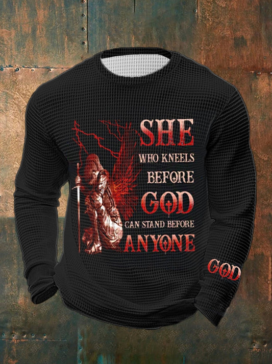 Men's Who Kneels Before God Can Stand Before Anyone - Christian Waffle Long Sleeve T-Shirt