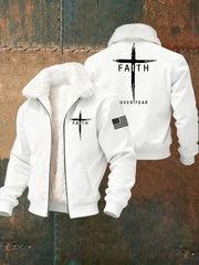 Men's Faith Over Fear Cross Fur Collar Zip-Up Jacket
