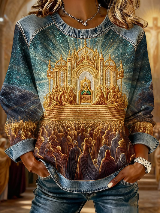 Women's Faith Art Denim Patchwork Top