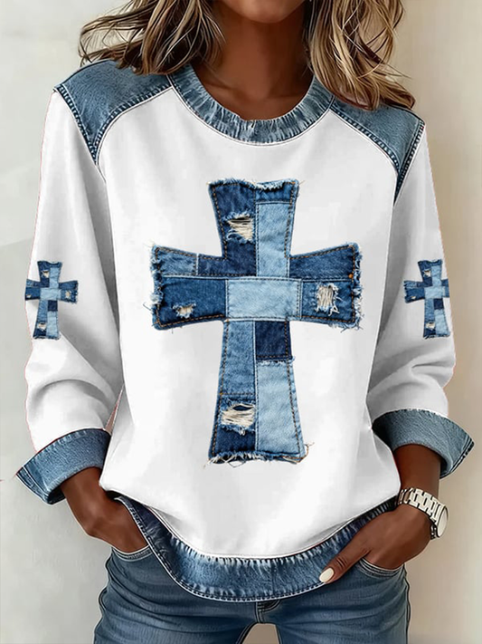 Women's Denim Patchwork Art Cross Pattern Denim Patchwork Top