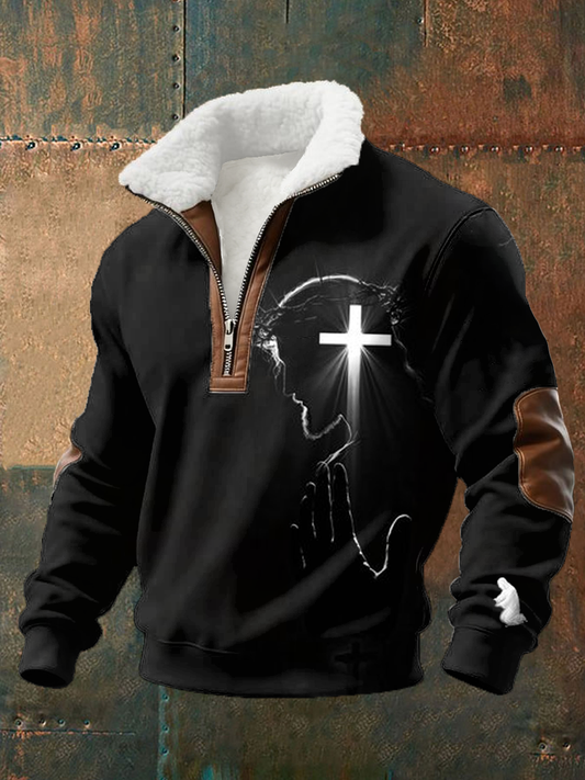 Men's Casual Faith Print Plush Stand Collar Shirt